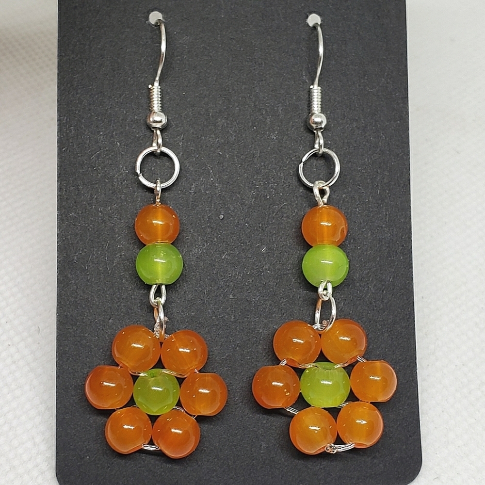 Handmade Orange Green Beaded Glass Flower Earrings